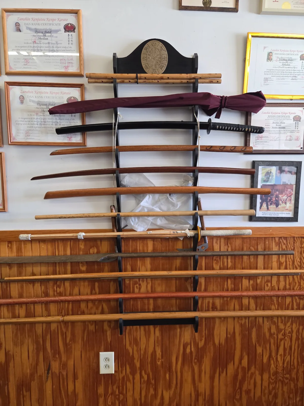 Traditional sword and long-weapon display at Zanshin