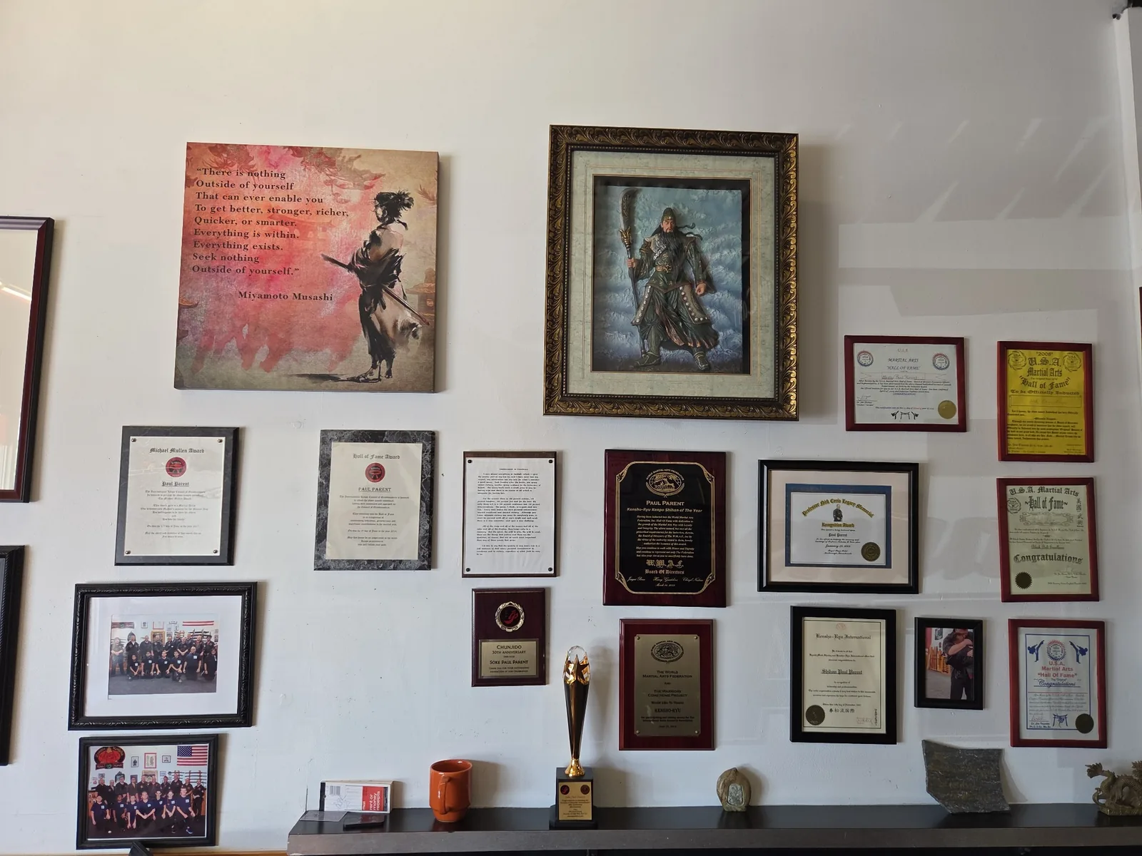 Zanshin martial arts awards, plaques and historical photographs